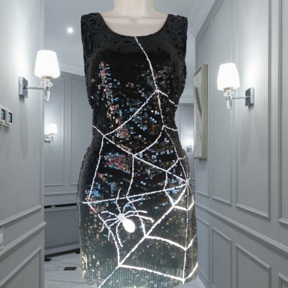 SPARKLY SEQUIN Med BLACK WHITE SPIDERWEB 🕸️ DRESS women Halloween party - Picture 1 of 11